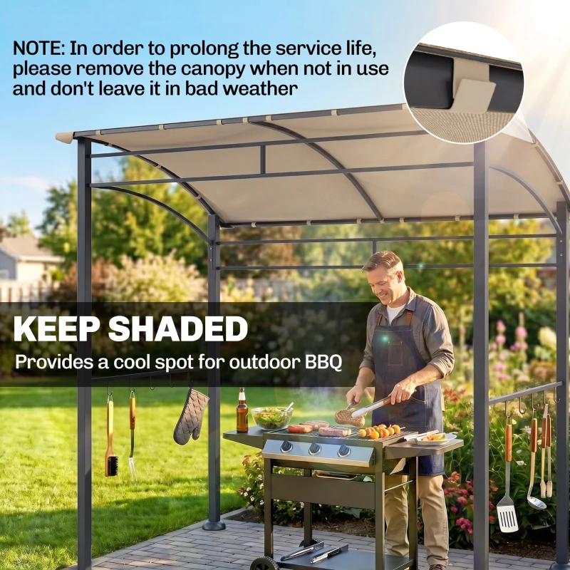 Outsunny 7' x 5' BBQ Grill Gazebo Tent, Garden Grill Canopy with Steel Frame and Hooks, Outdoor Sun Shade, Khaki