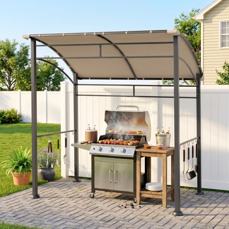 Outsunny 7' x 5' BBQ Grill Gazebo Tent, Garden Grill Canopy with Steel Frame and Hooks, Outdoor Sun Shade, Khaki