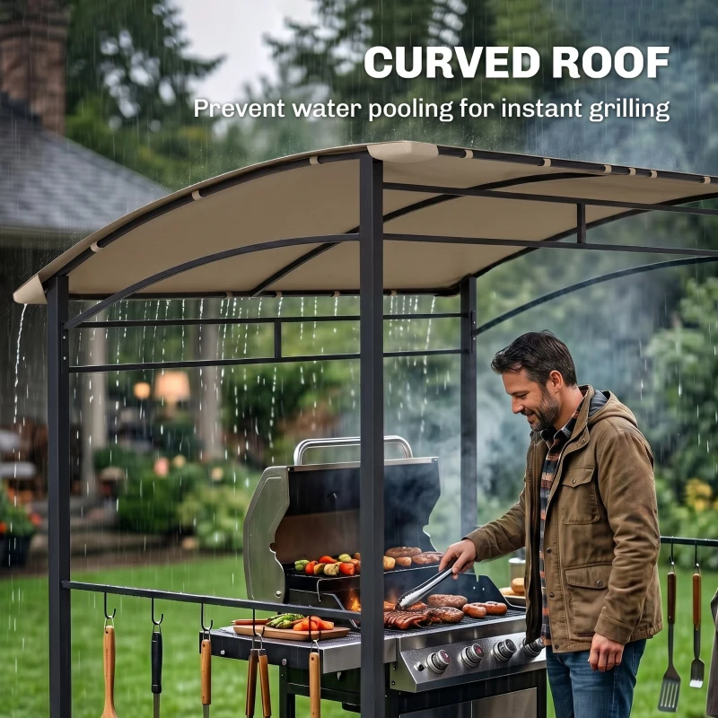 Outsunny 7' x 5' BBQ Grill Gazebo Tent, Garden Grill Canopy with Steel Frame and Hooks, Outdoor Sun Shade, Khaki