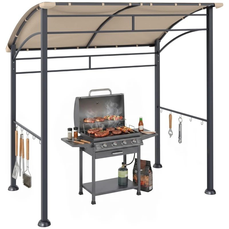 Outsunny 7' x 5' BBQ Grill Gazebo Tent, Garden Grill Canopy with Steel Frame and Hooks, Outdoor Sun Shade, Khaki