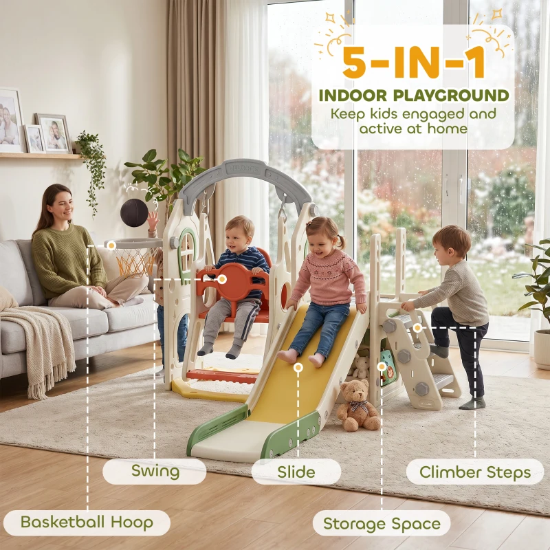 Qaba 5-in-1 Toddler Slide and Swing Set with Adjustable Swing Seat, Climber and Basketball Hoop for Indoor Outdoor, Cream