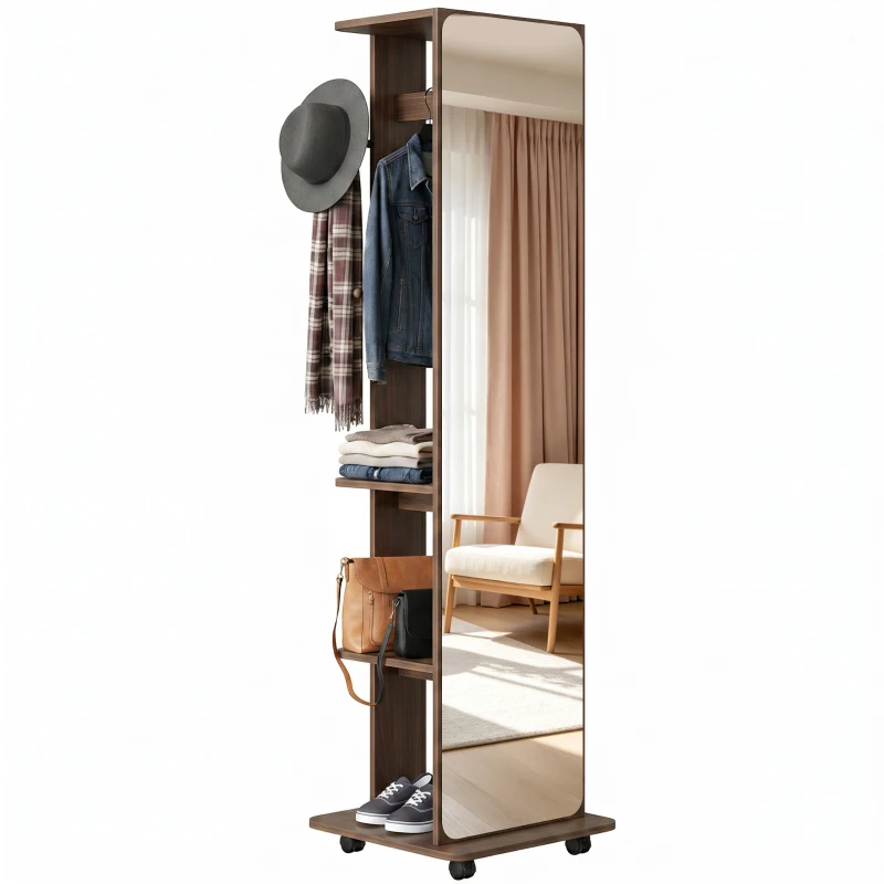 HOMCOM 15" x 62" Full Length Mirror, Tempered Glass Floor Mirror on Wheels with Storage Shelves, Coat Hangers, Brown Wood Grain