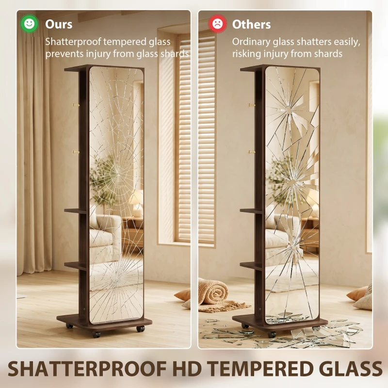 HOMCOM 15" x 62" Full Length Mirror, Tempered Glass Floor Mirror on Wheels with Storage Shelves, Coat Hangers, Brown Wood Grain