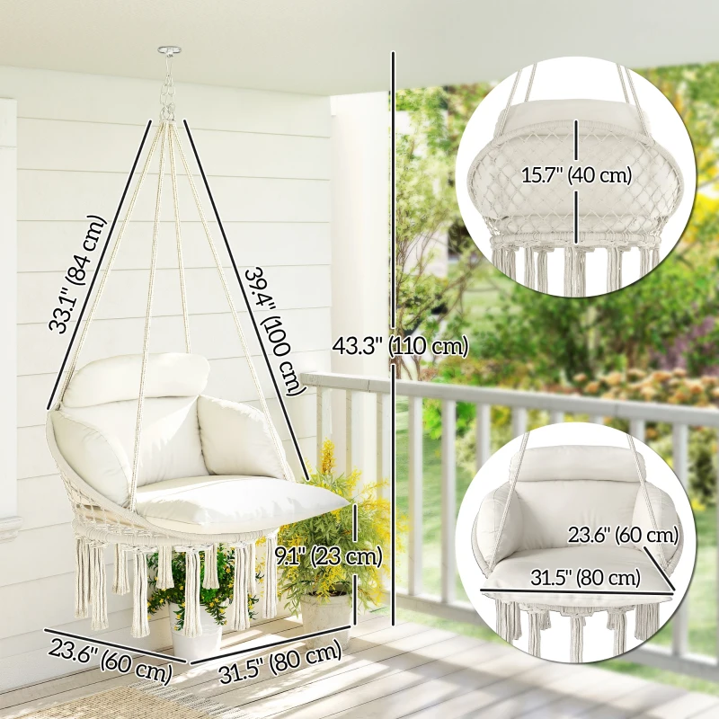 Outsunny Boho Hammock Chair Swing Hanging Chair with Cushion, Chain, Steel Frame for Indoor Outdoor Bedroom Patio Balcony, Cream