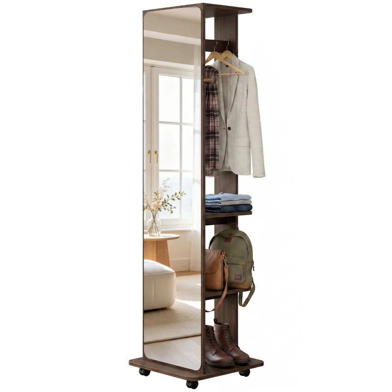 HOMCOM 15" x 62" Full Length Mirror, Tempered Glass Floor Mirror on Wheels with Storage Shelves, Coat Hangers, Brown Wood Grain