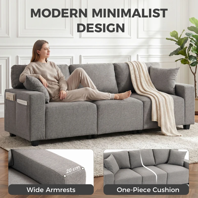 HOMCOM 3 Seater Sofa with Storage Pockets, Modern Upholstered Couch with Pocket Springs, Grey