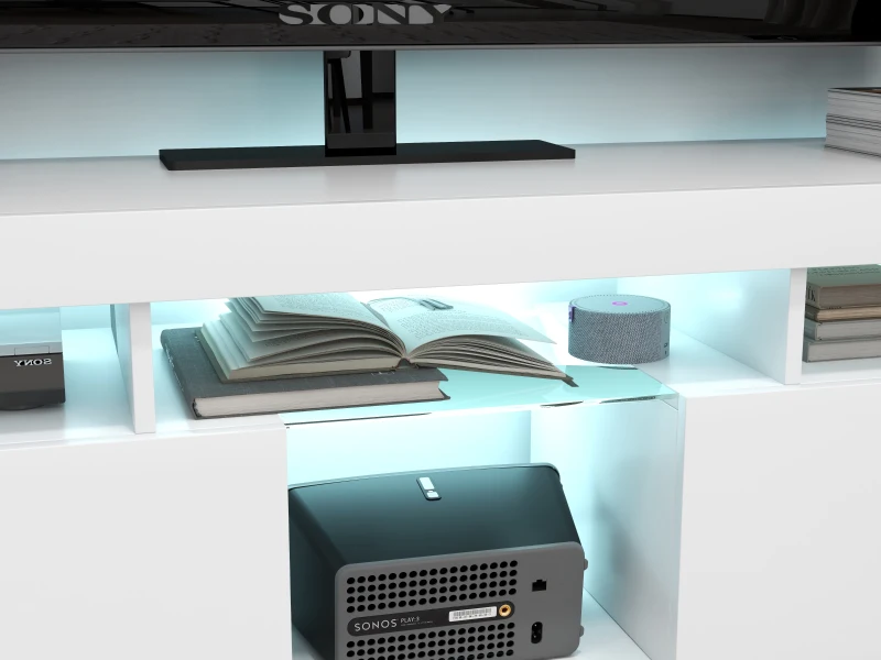 HOMCOM Modern TV Stand with Storage and LED Lights for TVs up to 55", TV Cabinet with Open Compartments, High Gloss White