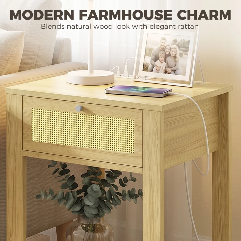 HOMCOM End Table Set of 2 with Charging Station, Bed Side Tables Set with Drawer, Storage Shelf for Living Room, Natural Wood