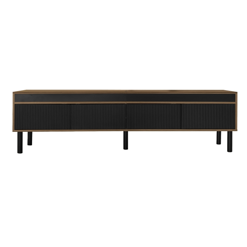TV Stand with Elegant Stripe Design and Sturdy Wooden Legs, Three Doors, Practical and Easy Access, 67" L x 15" W x 18.5" H, Black+Natural