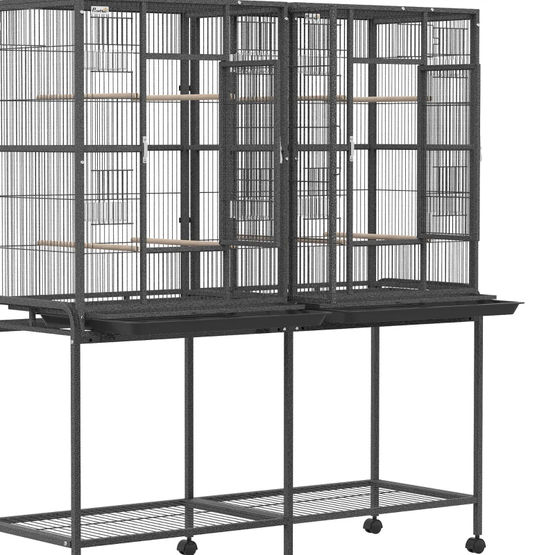 PawHut 56"H Bird Cage, Parrot Cage w/ Detachable Rolling Stand, Removable Tray, Storage Shelf, Perches, Food Container