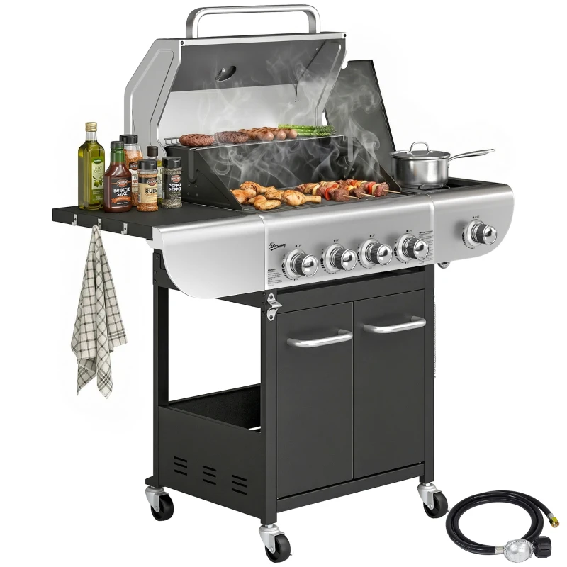 Outsunny 4 Burner Propane Gas Grill with Side Burner, 53,000 BTU BBQ Grill with Cast Iron Grates, Wheels, Warming Rack, Cabinet