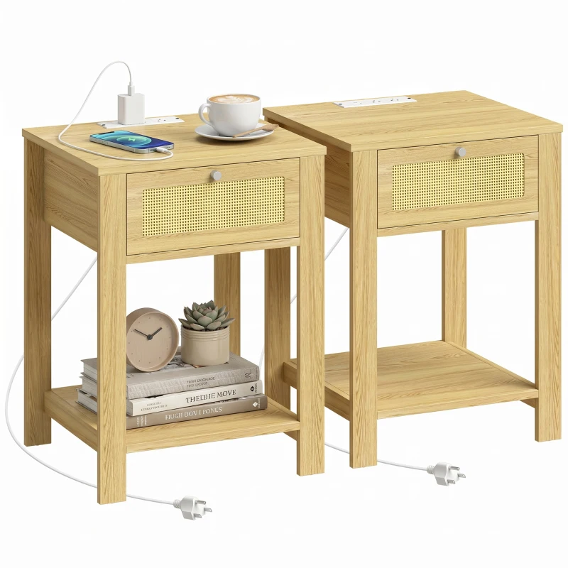 HOMCOM End Table Set of 2 with Charging Station, Bed Side Tables Set with Drawer, Storage Shelf for Living Room, Natural Wood