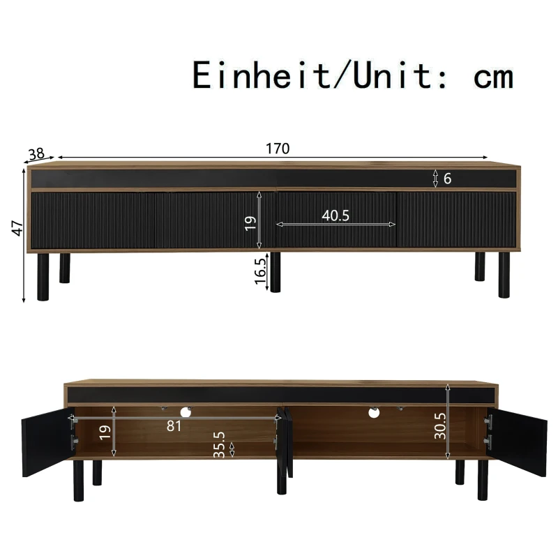 TV Stand with Elegant Stripe Design and Sturdy Wooden Legs, Three Doors, Practical and Easy Access, 67" L x 15" W x 18.5" H, Black+Natural