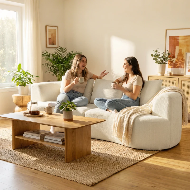 HOMCOM 3 Seater Sofa, 102" Chenille Boneless Couch with Wide Seat, Spring Cushions, High-Density Foam, 3 Pillows, Cream White