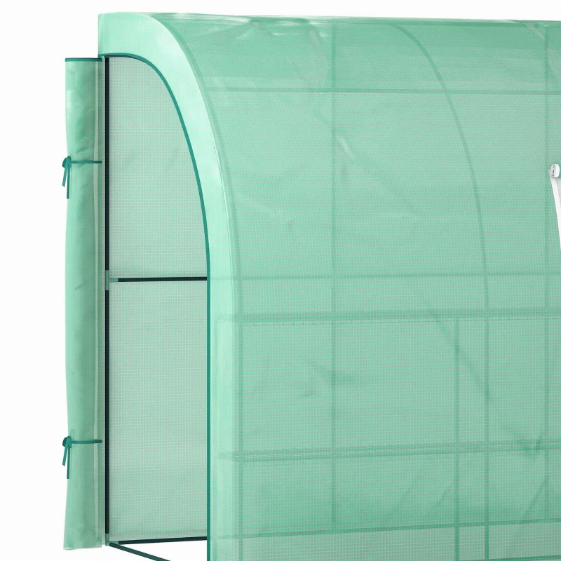 Outsunny Walk-in Wall Lean-to Greenhouse, 10' x 5' x 7' Outdoor Gardening Green House with PE Cover, Windows, Shelves and 2 Zipper Doors, Green