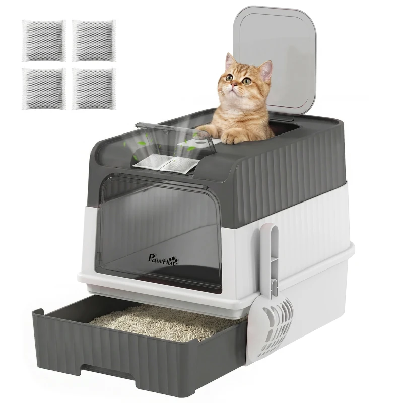 PawHut Cat Litter Box with Lid, Enclosed Kitty Litter Box with Pull-Out Drawer Tray, Scoop, 4 Deodorization Bags, Grey