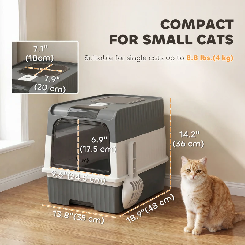 PawHut Cat Litter Box with Lid, Enclosed Kitty Litter Box with Pull-Out Drawer Tray, Scoop, 4 Deodorization Bags, Grey