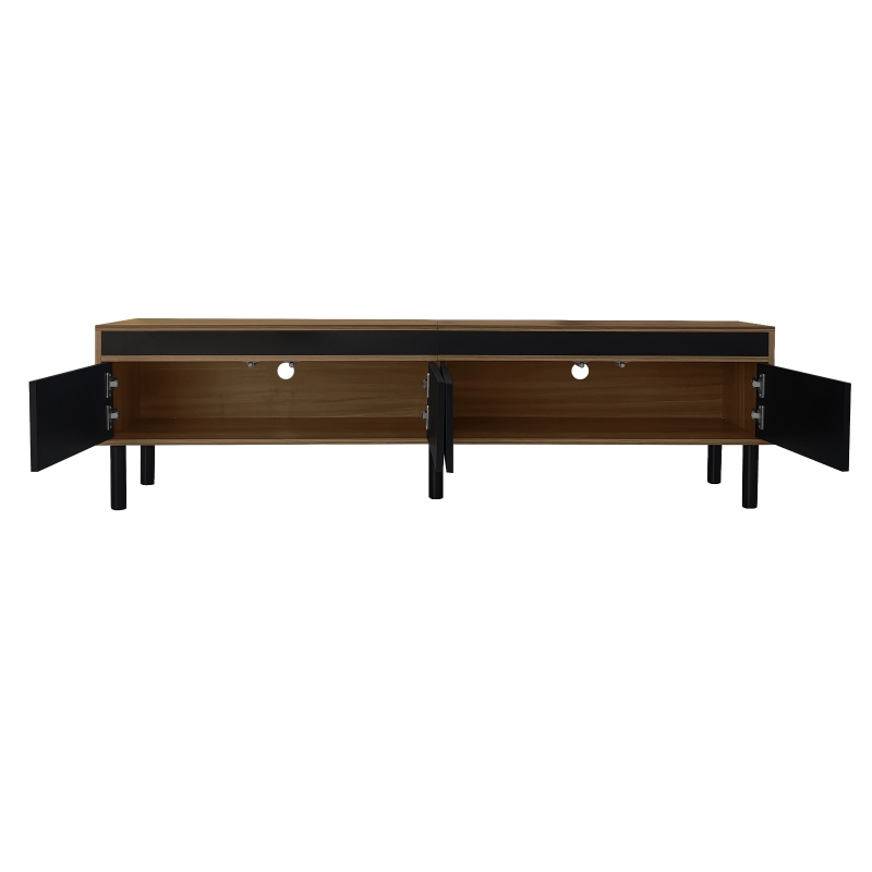 TV Stand with Elegant Stripe Design and Sturdy Wooden Legs, Three Doors, Practical and Easy Access, 67" L x 15" W x 18.5" H, Black+Natural