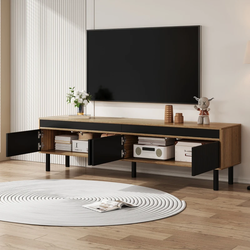TV Stand with Elegant Stripe Design and Sturdy Wooden Legs, Three Doors, Practical and Easy Access, 67" L x 15" W x 18.5" H, Black+Natural