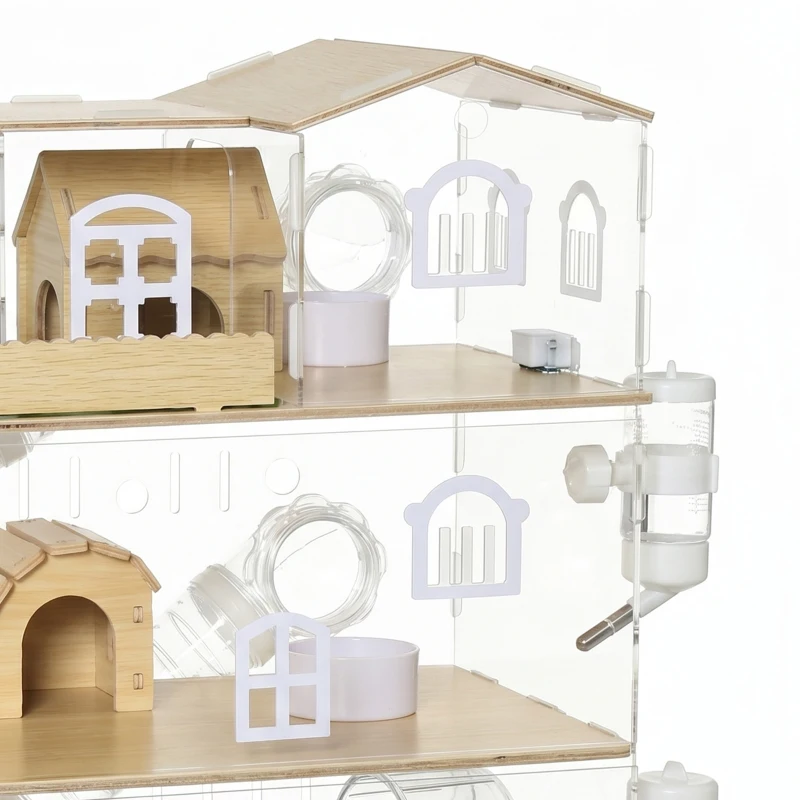 PawHut Large Hamster Cage, 3 Tiers Acrylic Hamster Habitat with Water Bottles, Running Wheel for Pet Mice, Dwarf Hamster
