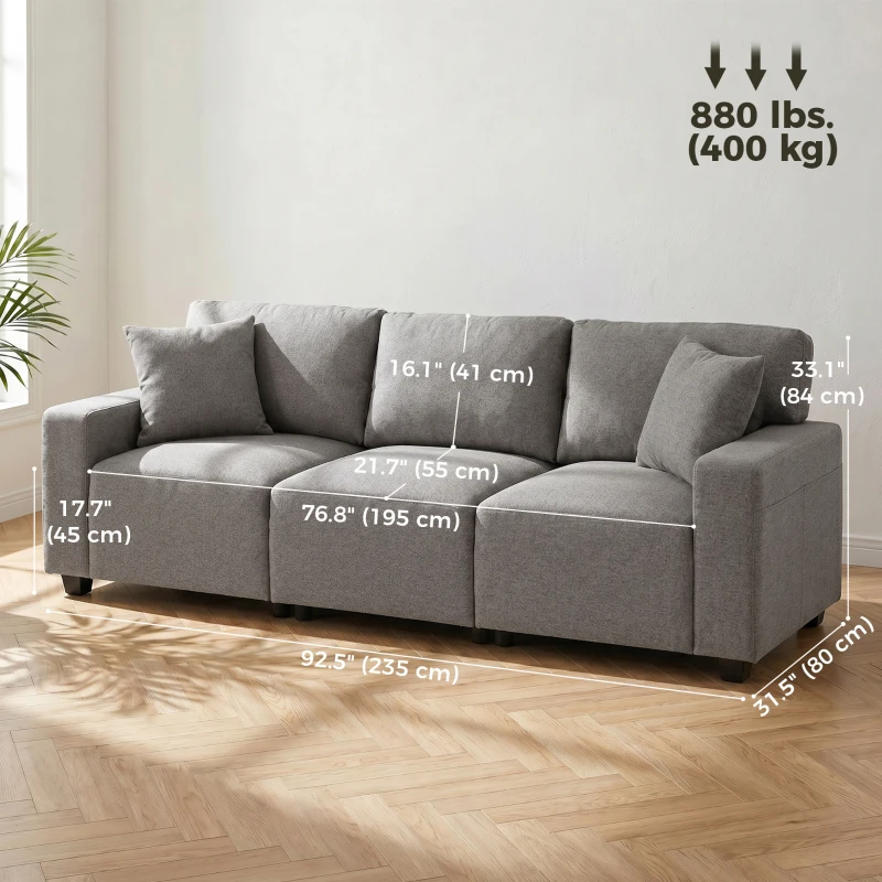 HOMCOM 3 Seater Sofa with Storage Pockets, Modern Upholstered Couch with Pocket Springs, Grey
