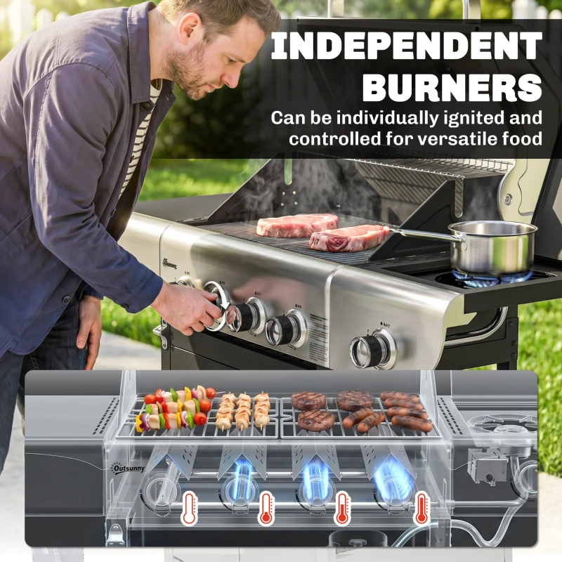 Outsunny 4 Burner Propane Gas Grill with Side Burner, 53,000 BTU BBQ Grill with Cast Iron Grates, Wheels, Warming Rack, Cabinet