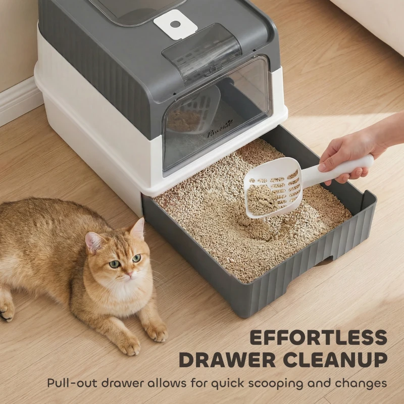 PawHut Cat Litter Box with Lid, Enclosed Kitty Litter Box with Pull-Out Drawer Tray, Scoop, 4 Deodorization Bags, Grey