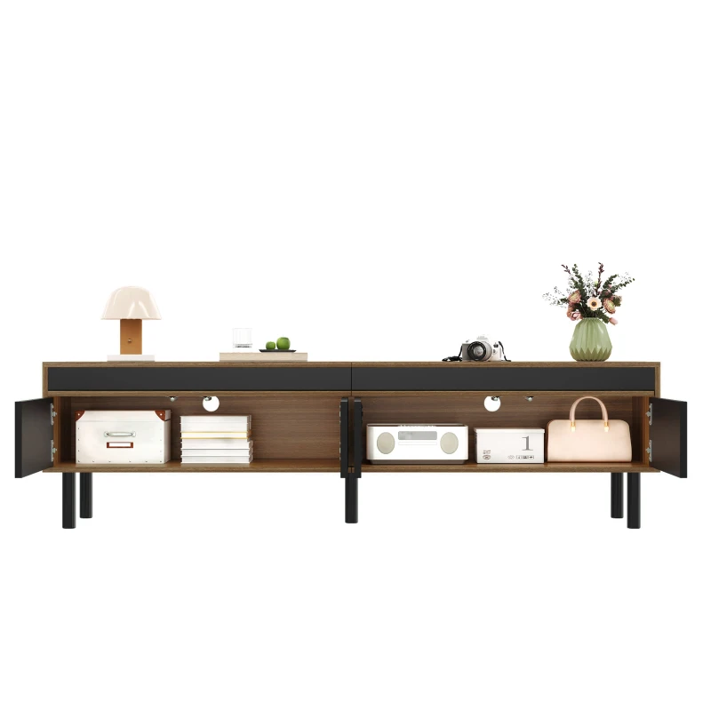 TV Stand with Elegant Stripe Design and Sturdy Wooden Legs, Three Doors, Practical and Easy Access, 67" L x 15" W x 18.5" H, Black+Natural