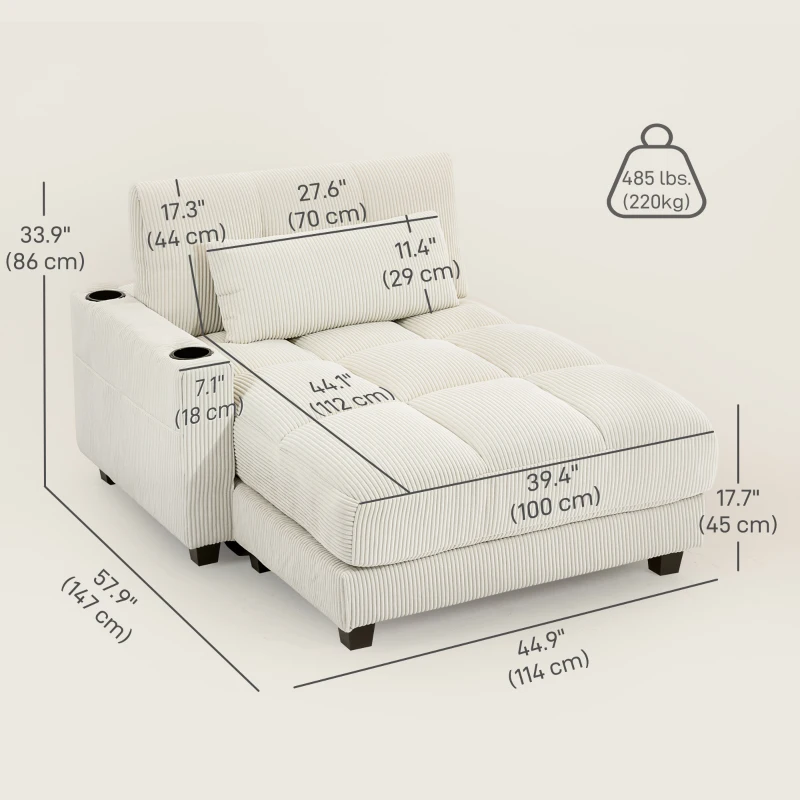 HOMCOM 58" Chaise Lounge Indoor, Oversized Corduroy Sofa Bed with 2 Cup Holders, Pillow, Deep Seat Sleeper Couch, Cream White