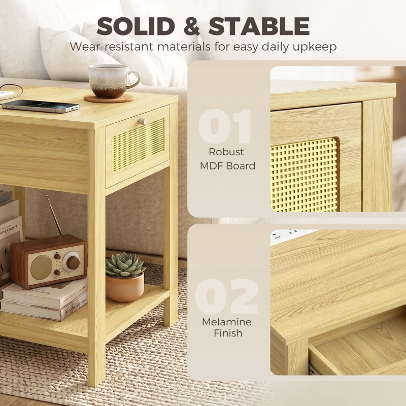 HOMCOM End Table Set of 2 with Charging Station, Bed Side Tables Set with Drawer, Storage Shelf for Living Room, Natural Wood