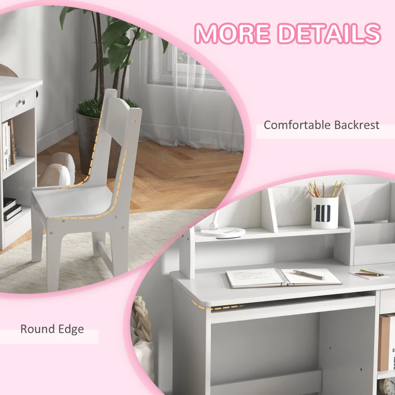 Qaba Kids Desk and Chair Set for 5-8 Year Old with Storage, Study Table and Chair for Children, White