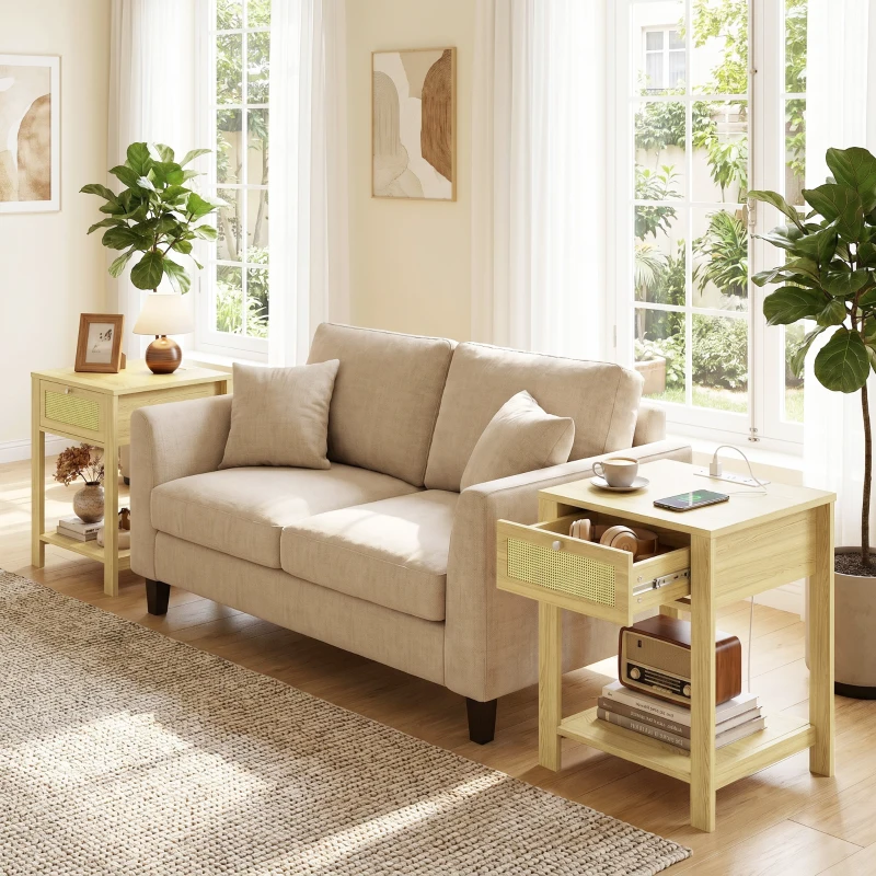HOMCOM End Table Set of 2 with Charging Station, Bed Side Tables Set with Drawer, Storage Shelf for Living Room, Natural Wood
