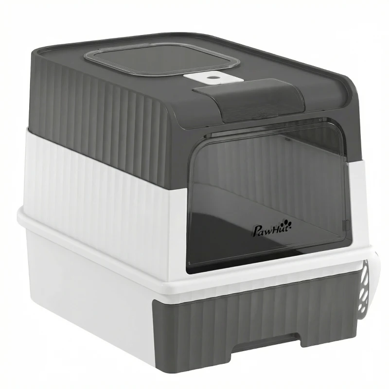 PawHut Cat Litter Box with Lid, Enclosed Kitty Litter Box with Pull-Out Drawer Tray, Scoop, 4 Deodorization Bags, Grey