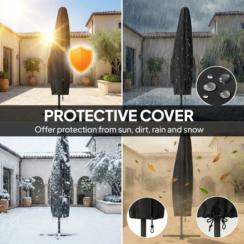 Outsunny 9.7ft Solar LED Cantilever Patio Umbrella with 32 LED Lights, Cross Base, Crank Handle, for Poolside, Deck, Dark Blue