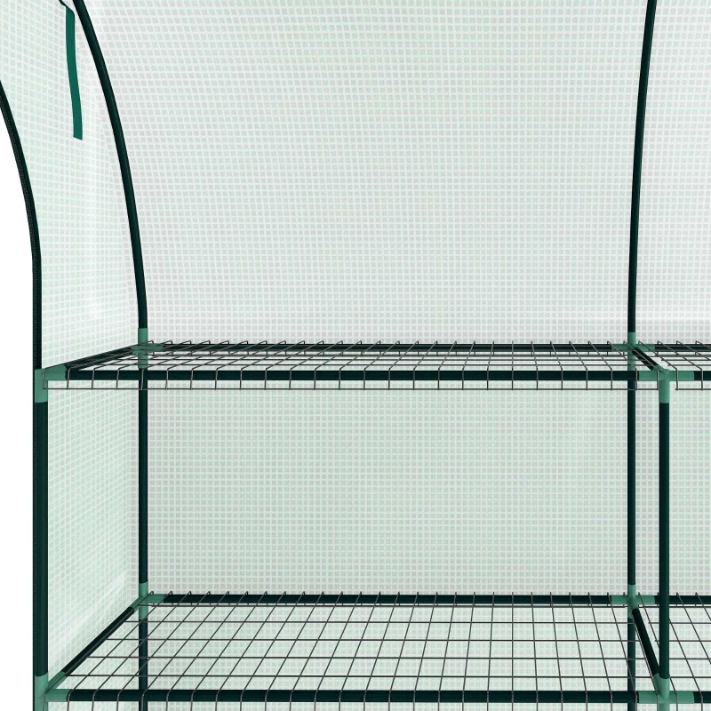 Outsunny Walk-in Wall Lean-to Greenhouse, 10' x 5' x 7' Outdoor Gardening Green House with PE Cover, Windows, Shelves and 2 Zipper Doors, Green