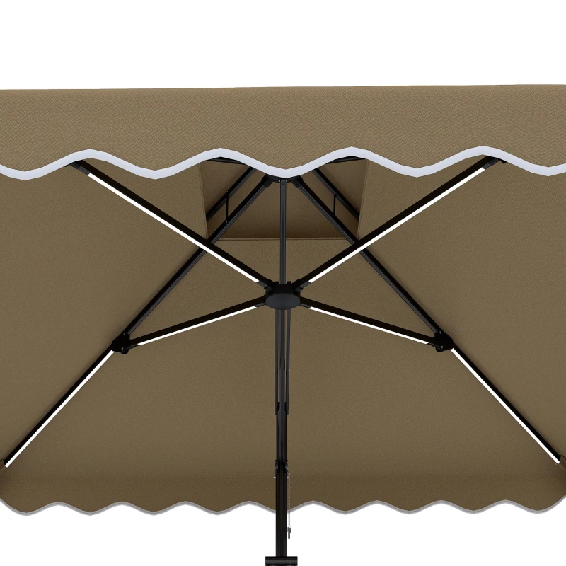 Outsunny 8' x 8' Square Double Top Offset Patio Umbrella Garden Parasol with Solar LED Lights, Ruffles and Weights, Khaki