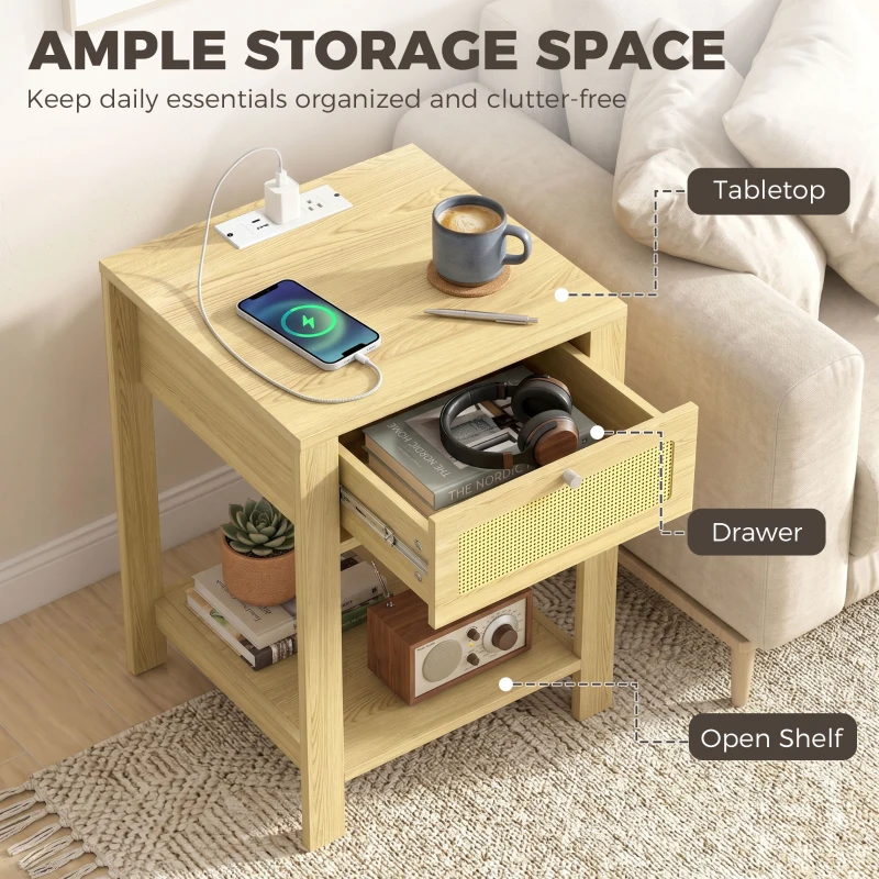 HOMCOM End Table Set of 2 with Charging Station, Bed Side Tables Set with Drawer, Storage Shelf for Living Room, Natural Wood