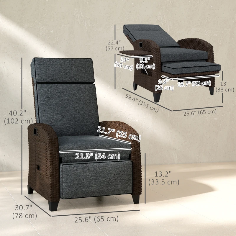 Outsunny Outdoor Recliner Chair with Adjustable Backrest, Cushion, Side Tray, Dark Grey