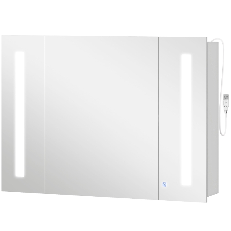 kleankin Medicine Cabinet with Mirror, Wall Mounted Bathroom Mirror Cabinet with Adjustable Shelf, USB Charge, High Gloss White