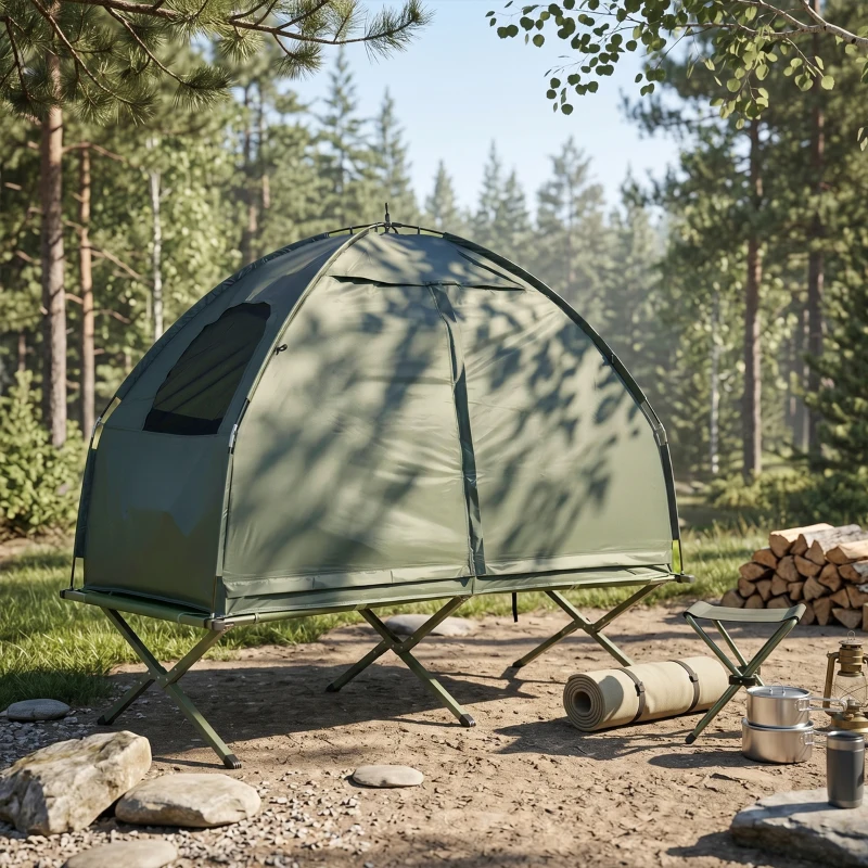 Outsunny 4-in-1 Camping Cot Tent, 1-Person Off-Ground Bed with Air Mattress, Sleeping Bag & Pillow, Elevated Camping Shelter for Adults