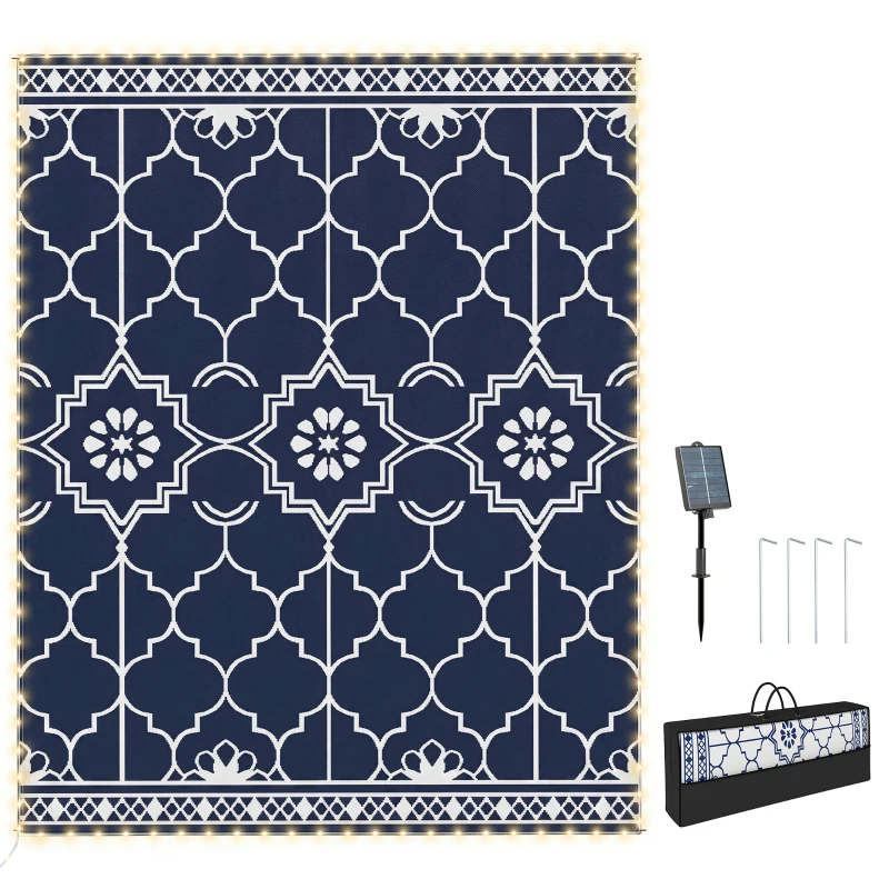 Outsunny Reversible Outdoor Rug Carpet with LED Lights, 12' x 9' PP Straw Rug with Carry Bag and Ground Stakes