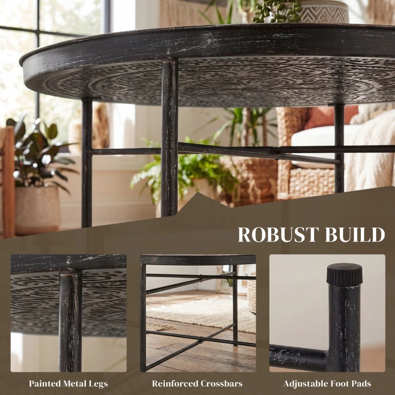 HOMCOM Vintage Coffee Table for Living Room, 24" Round Center Table with Hammered Tray Top and Metal Frame, Pewter