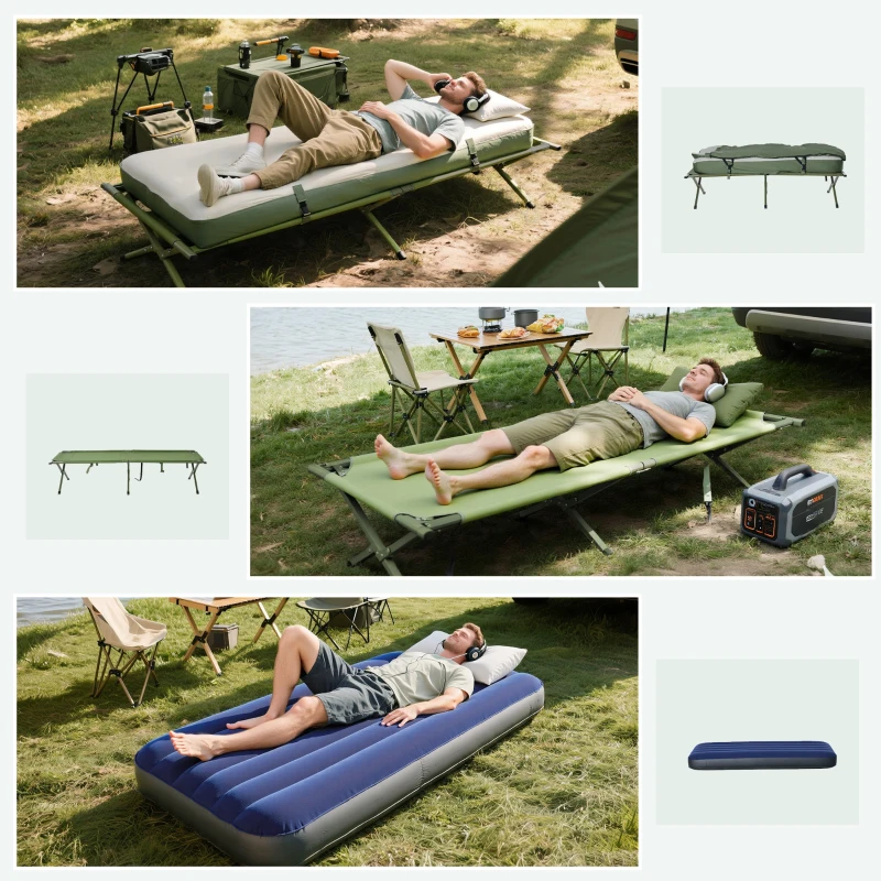 Outsunny 4-in-1 Camping Cot Tent, 1-Person Off-Ground Bed with Air Mattress, Sleeping Bag & Pillow, Elevated Camping Shelter for Adults