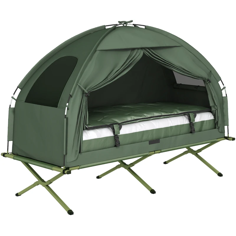Outsunny 4-in-1 Camping Cot Tent, 1-Person Off-Ground Bed with Air Mattress, Sleeping Bag & Pillow, Elevated Camping Shelter for Adults
