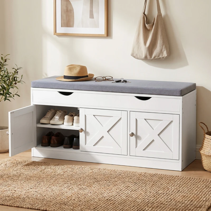 HOMCOM Shoe Bench with Cushion Shoe Storage Bench 3-Door Adjustable Shelves White