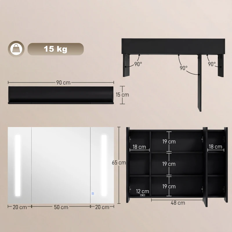 kleankin Bathroom Mirror Cabinet with LED and Adjustable Shelves, Wall Mounted Medicine Cabinet, High Gloss Black