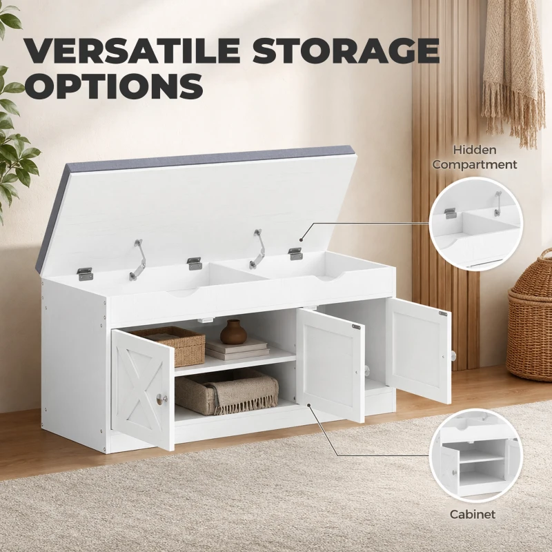 HOMCOM Shoe Bench with Cushion Shoe Storage Bench 3-Door Adjustable Shelves White