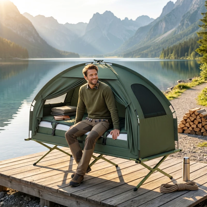 Outsunny 4-in-1 Camping Cot Tent, 1-Person Off-Ground Bed with Air Mattress, Sleeping Bag & Pillow, Elevated Camping Shelter for Adults