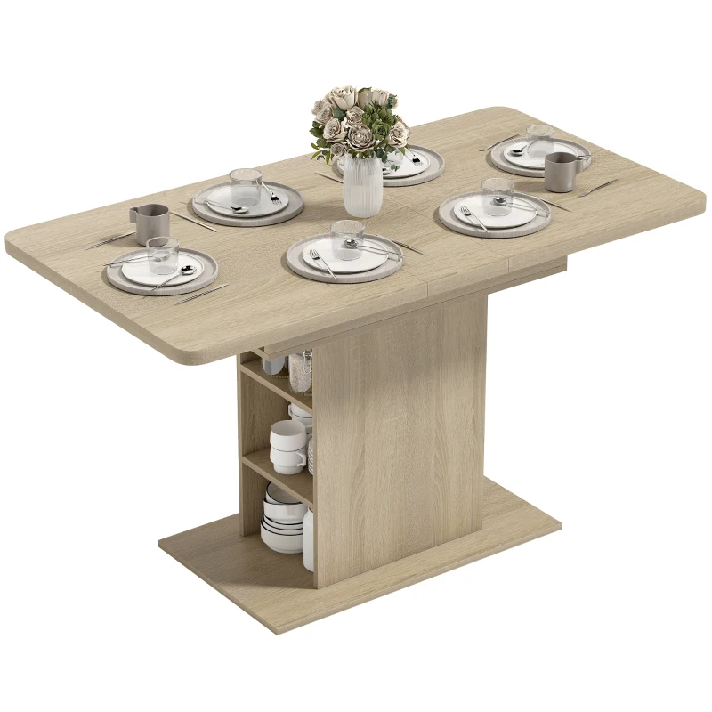 HOMCOM Extendable Dining Table for 4-6 People, 43.3"-51.2" Kitchen Table with 6 Open Shelves, Natural Wood