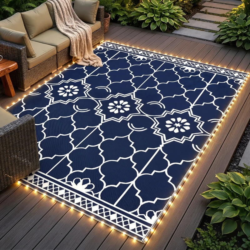 Outsunny Reversible Outdoor Rug Carpet with LED Lights, 12' x 9' PP Straw Rug with Carry Bag and Ground Stakes
